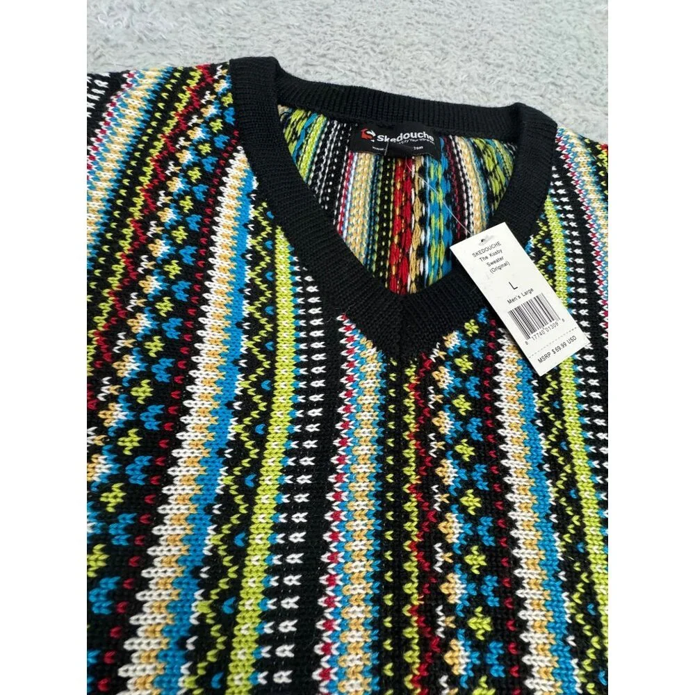 Skedouche The Kosby Mens L Colorful Preppy 90s V-Neck Striped Sweater Wool Blend - Picture 3 of 11